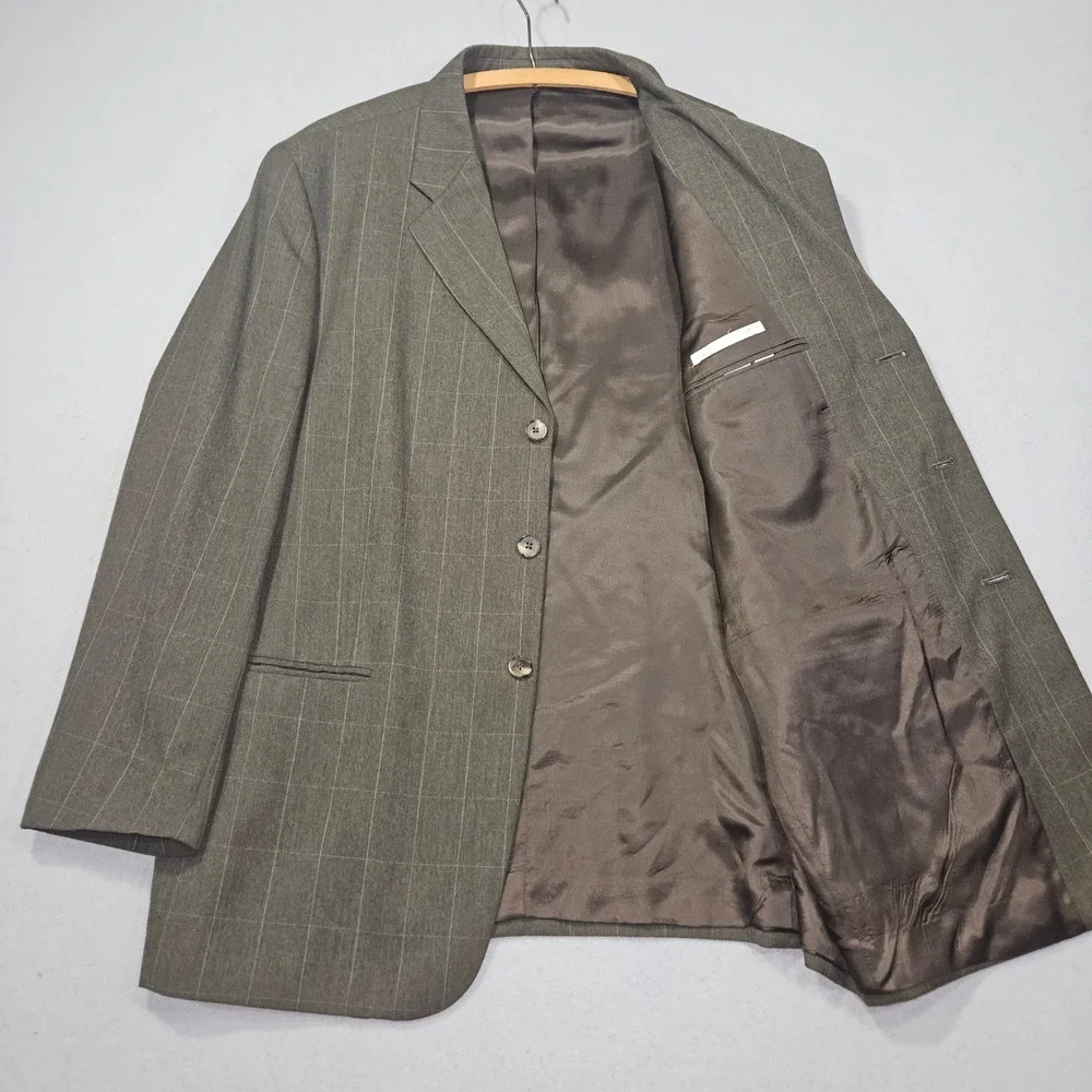 VTG Perry Ellis Windowpane Check 2pc Suit Blazer Pleated Pants Grey Sz 46 XXL